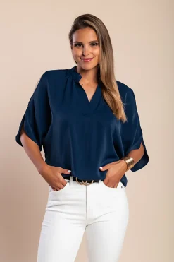 Blusa elegante ampia con scollo a "V", colore blu scuro