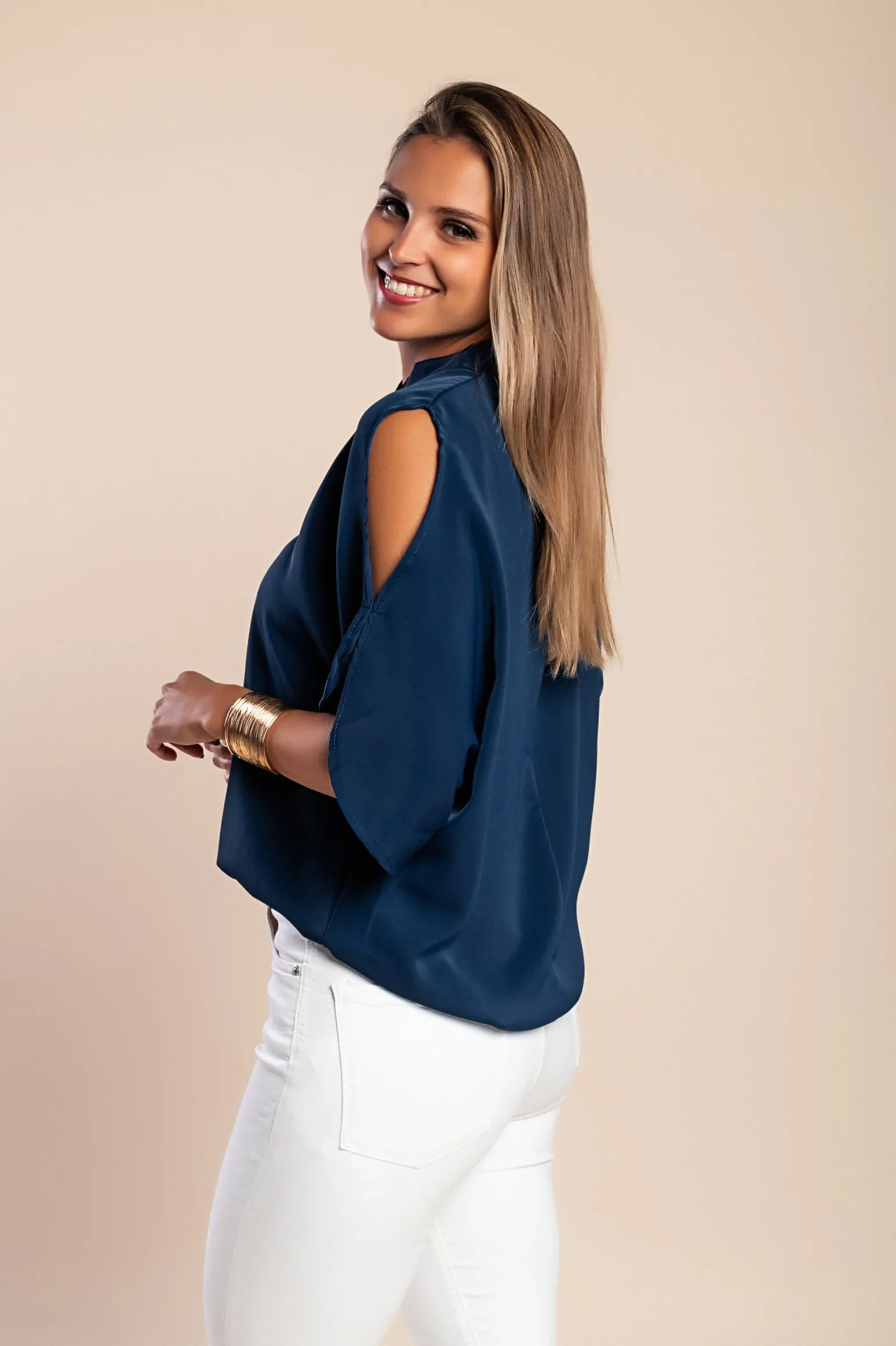 Blusa elegante ampia con scollo a "V", colore blu scuro