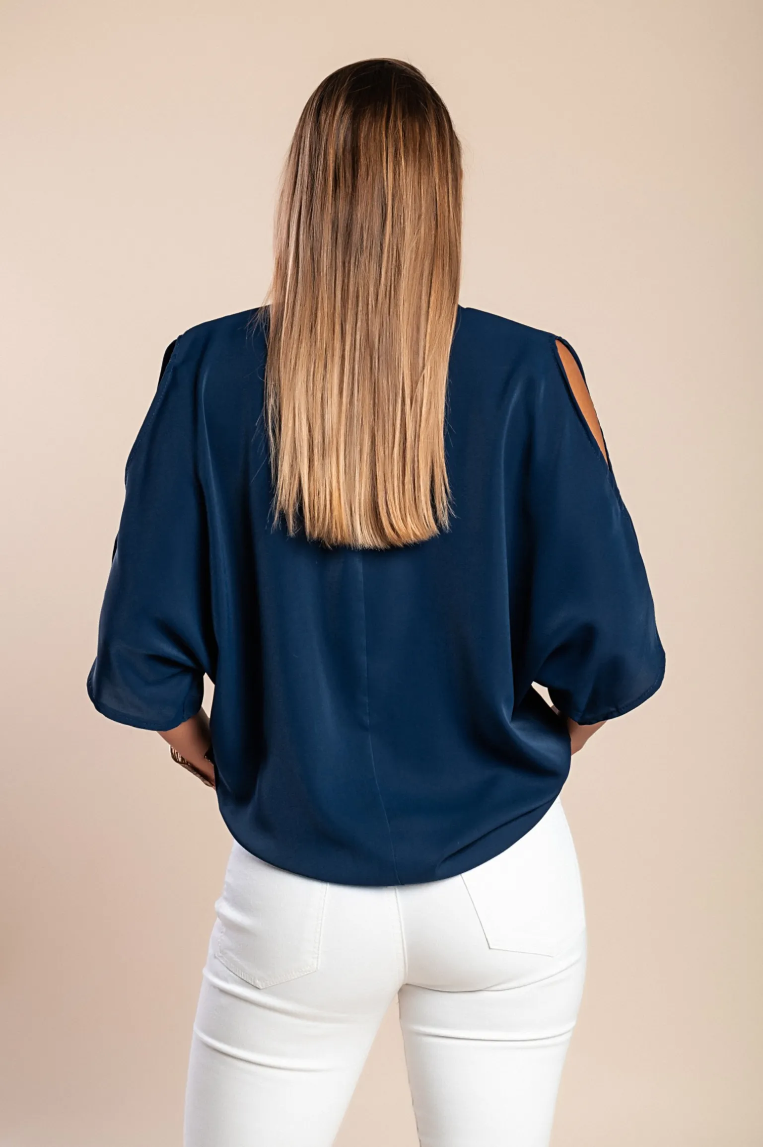 Blusa elegante ampia con scollo a "V", colore blu scuro