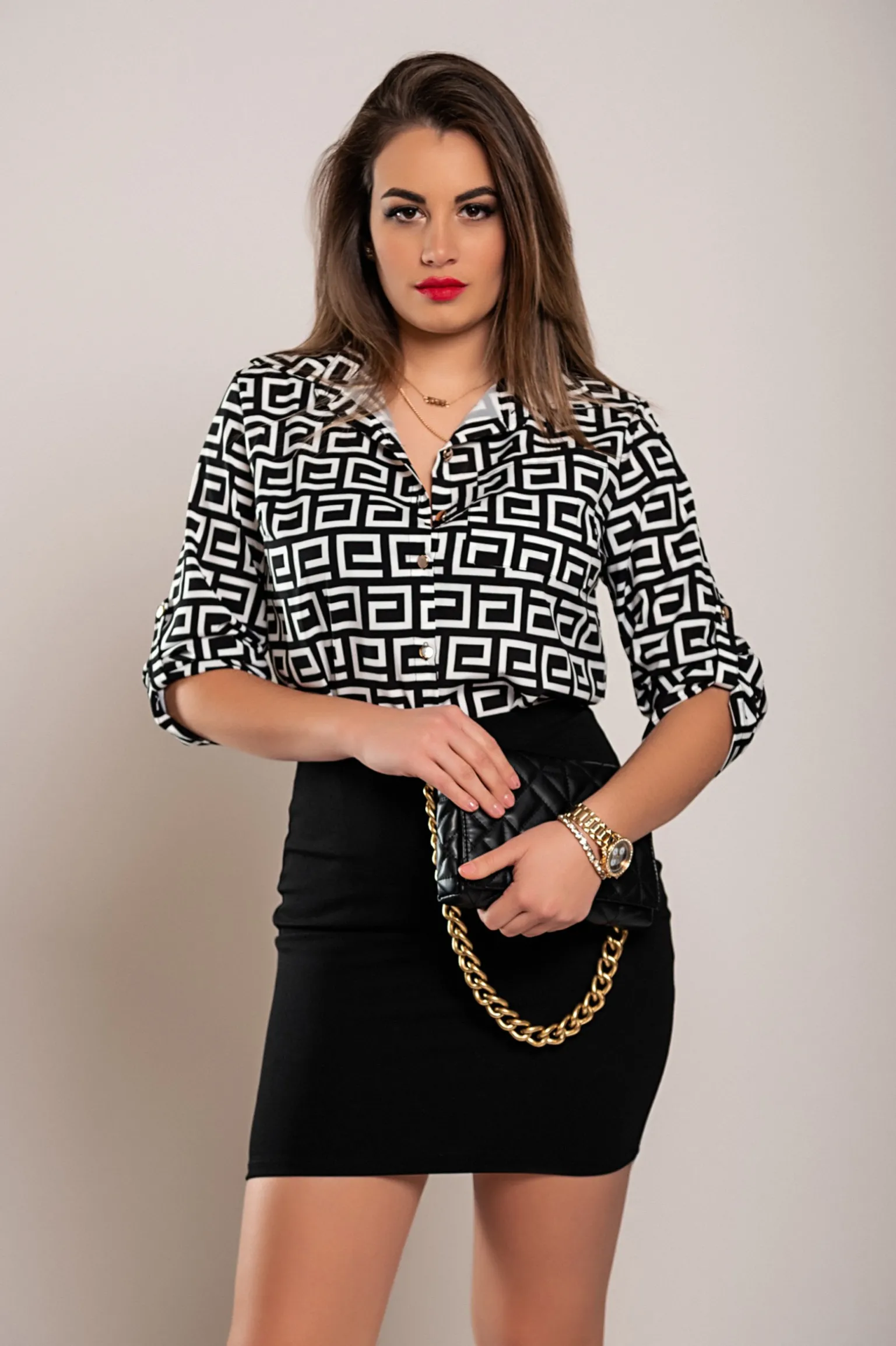 Blusa elegante con stampa geometrica Lavlenta, bianca