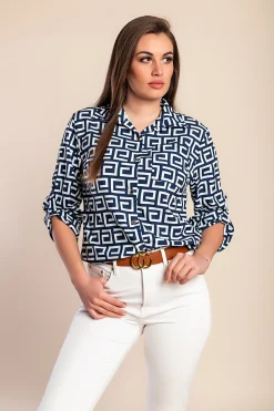 Blusa elegante con stampa geometrica Lavlenta, blu scuro
