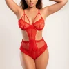 BODY COMBINATO IN PIZZO E RETE CON CESTINI IN OSSO MIRCY, ROSSO