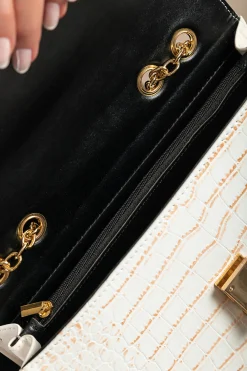 Borsa a mano stampa coccodrillo, bianco-oro