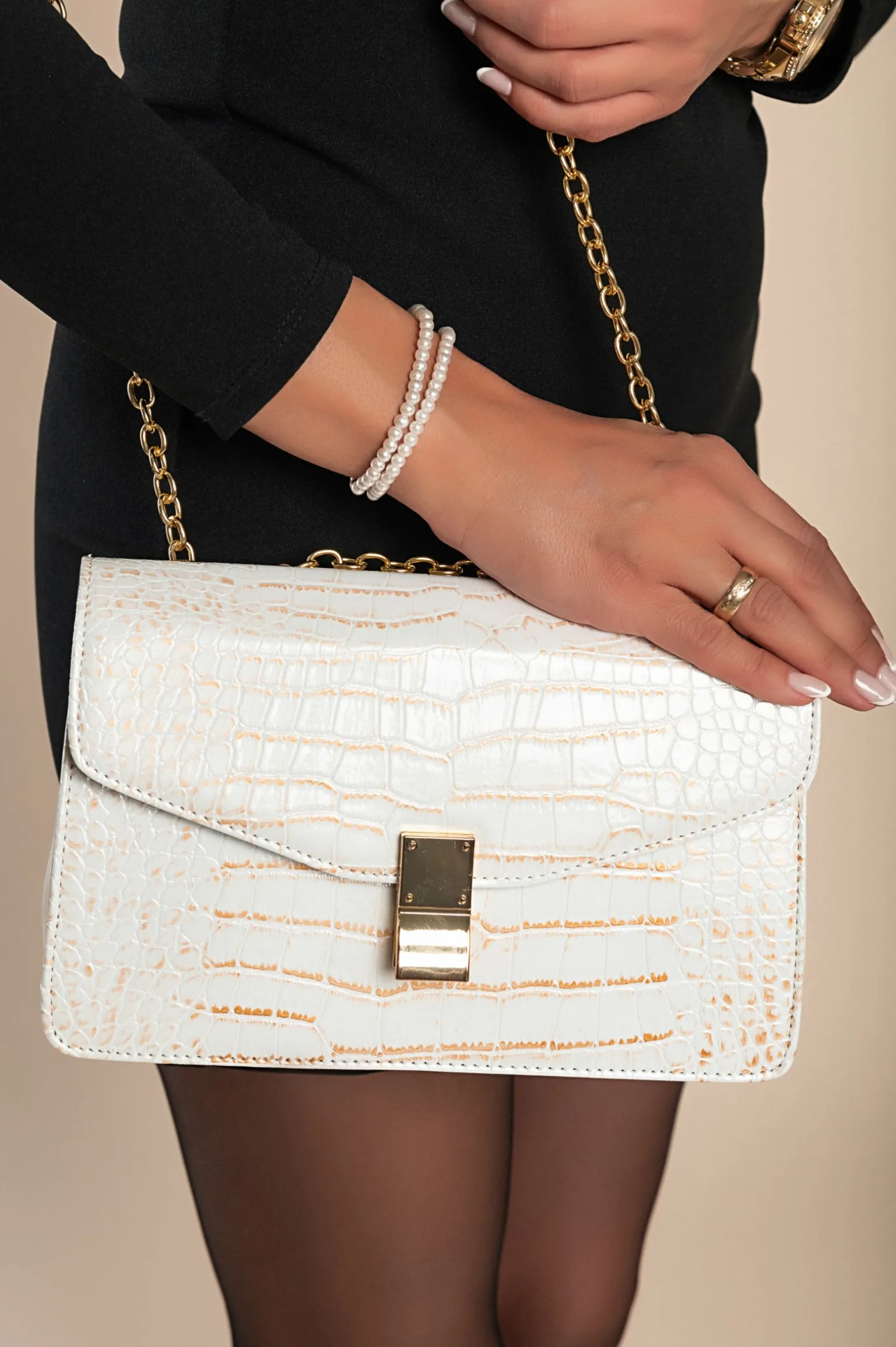 Borsa a mano stampa coccodrillo, bianco-oro