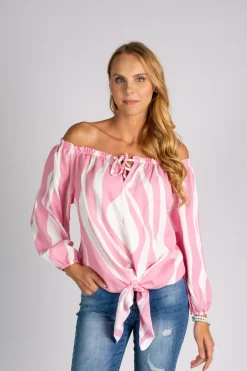 Camicia ampia con spalle scoperte e lacci da annodare Inessa, bianco-rosa