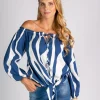 Camicia ampia con spalle scoperte e lacci da annodare Inessa, blu-bianco