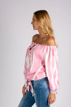 Camicia ampia con spalle scoperte e lacci da annodare Inessa, bianco-rosa