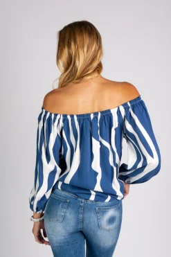 Camicia ampia con spalle scoperte e lacci da annodare Inessa, blu-bianco