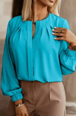 Camicia elegante con scollo rotondo, petrolio
