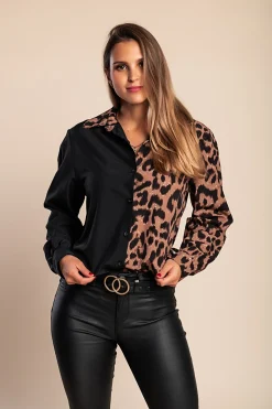 Camicia elegante con stampa leopardata, nero/leopardo