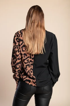Camicia elegante con stampa leopardata, nero/leopardo
