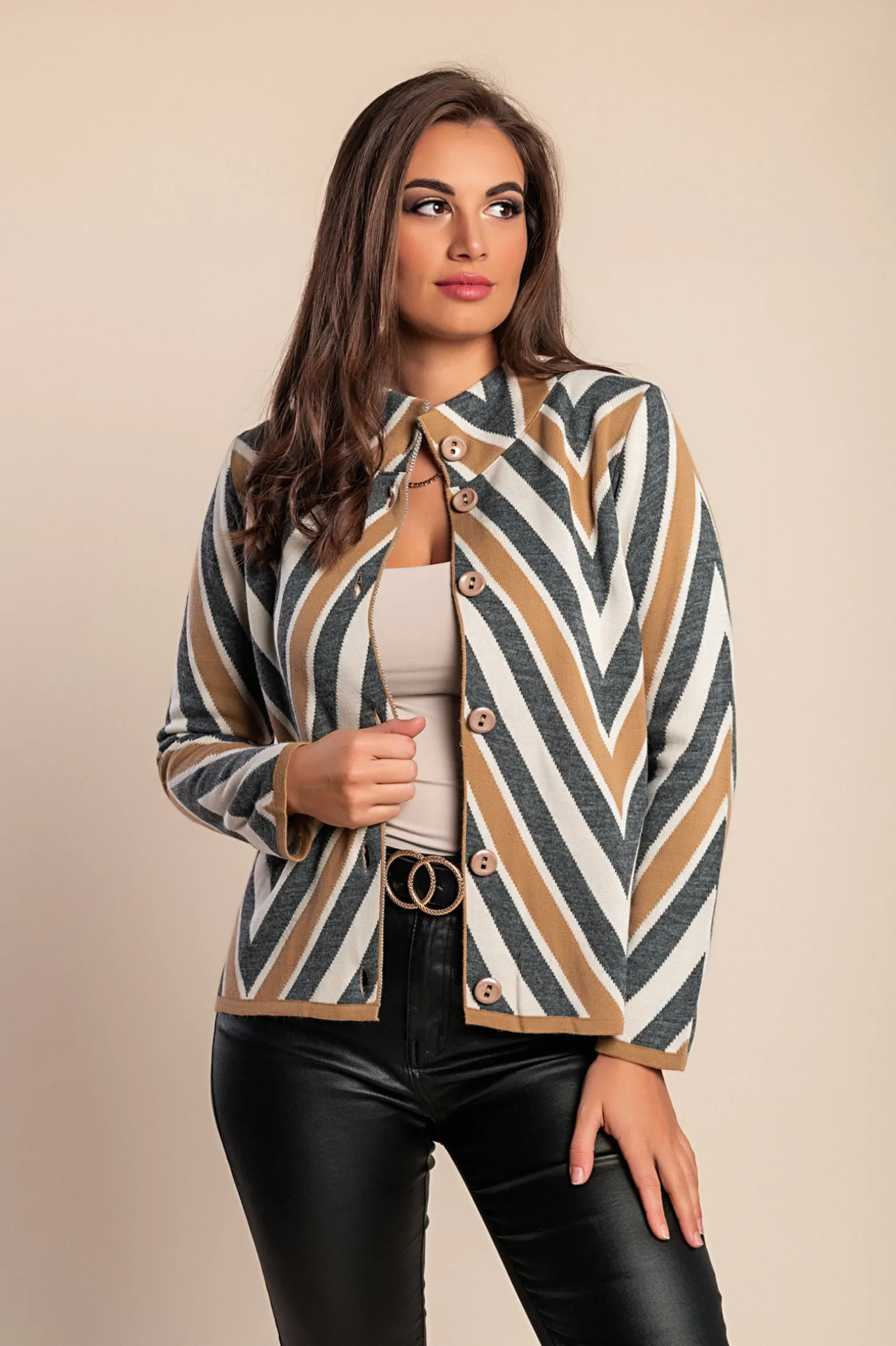 Cardigan in maglia con bottoni, beige/grigio/bianco
