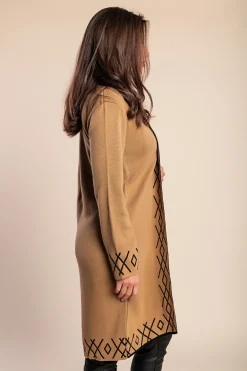 Cardigan in maglia con stampa, cammello/nero