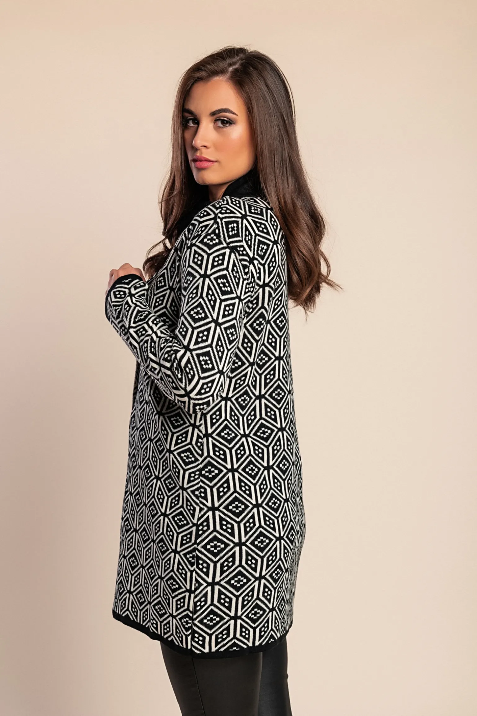 Cardigan lavorato a maglia fantasia, nero/bianco