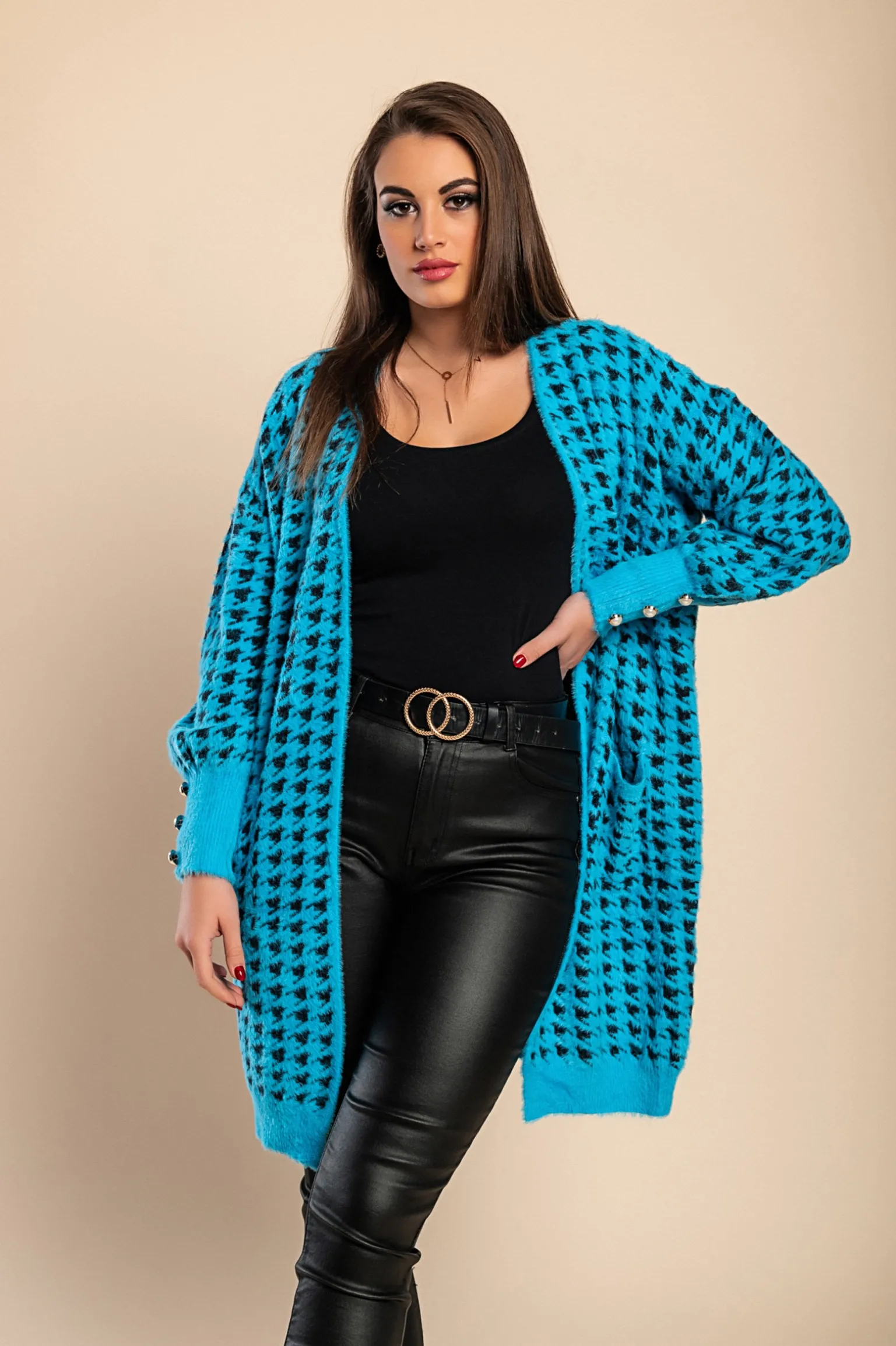 Cardigan lavorato a maglia con stampa Pepita, Blu