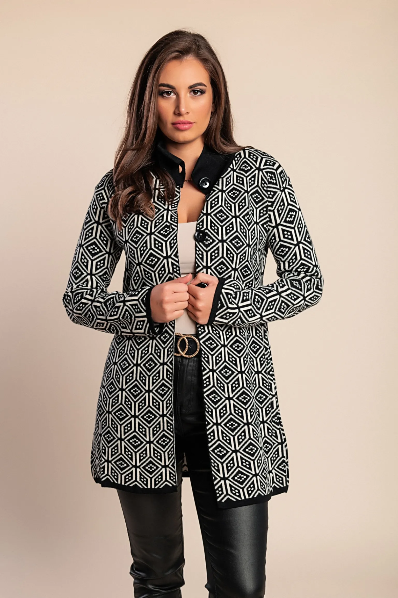 Cardigan lavorato a maglia fantasia, nero/bianco