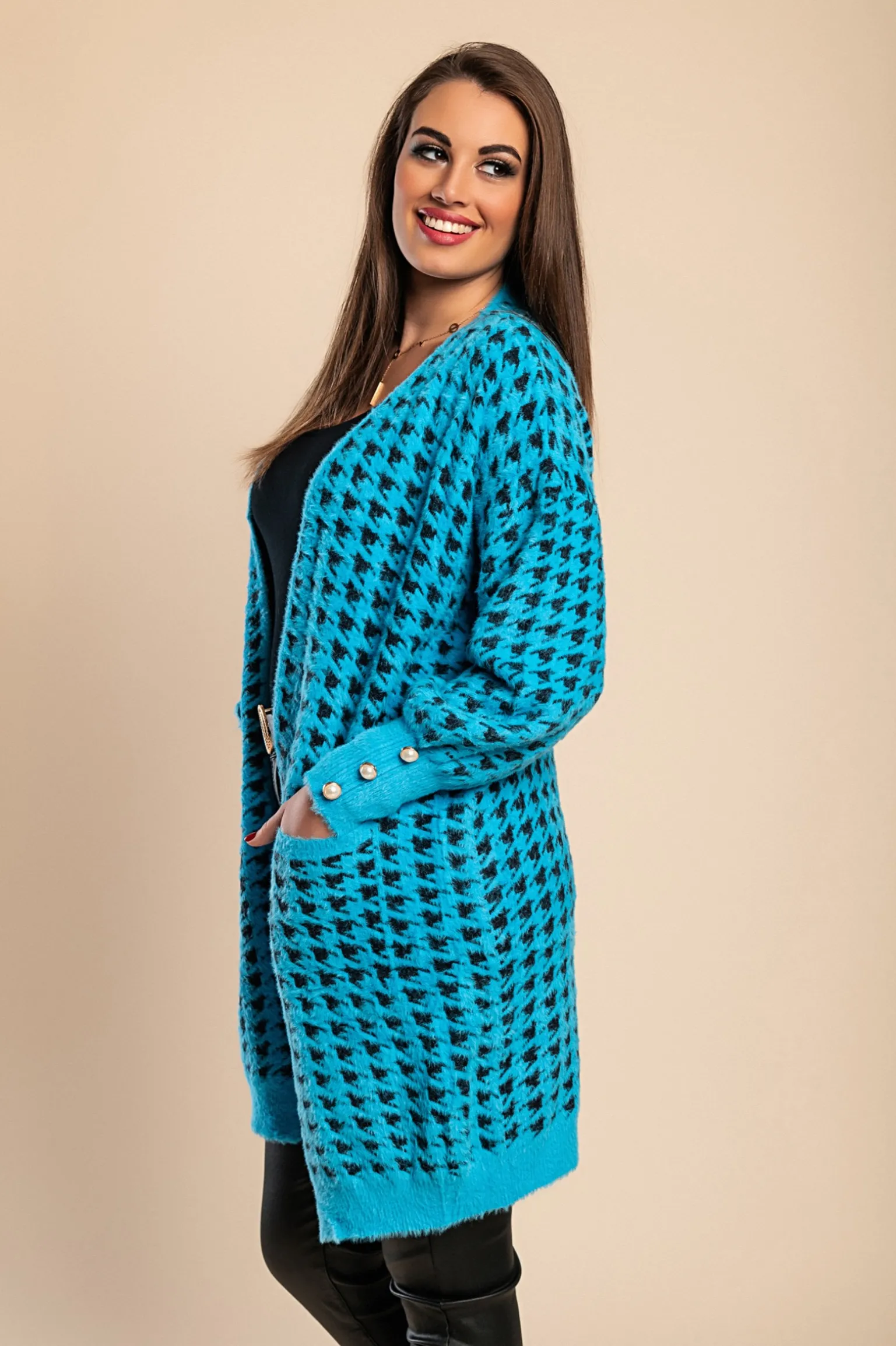 Cardigan lavorato a maglia con stampa Pepita, Blu