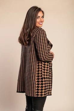 Cardigan morbido con stampa a quadri color cammello