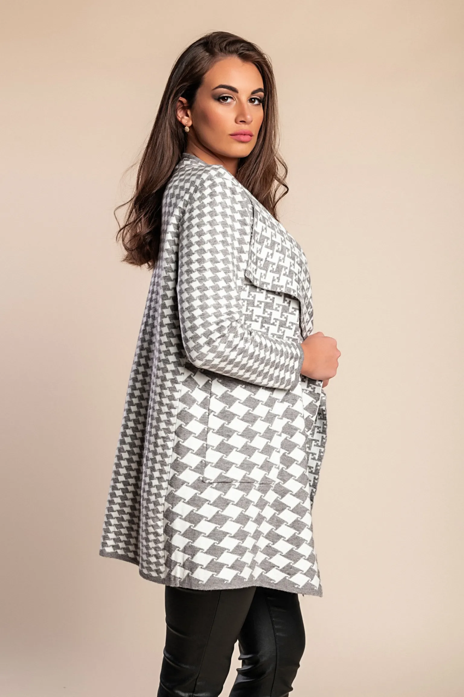 Cardigan morbido con stampa a quadri, grigio
