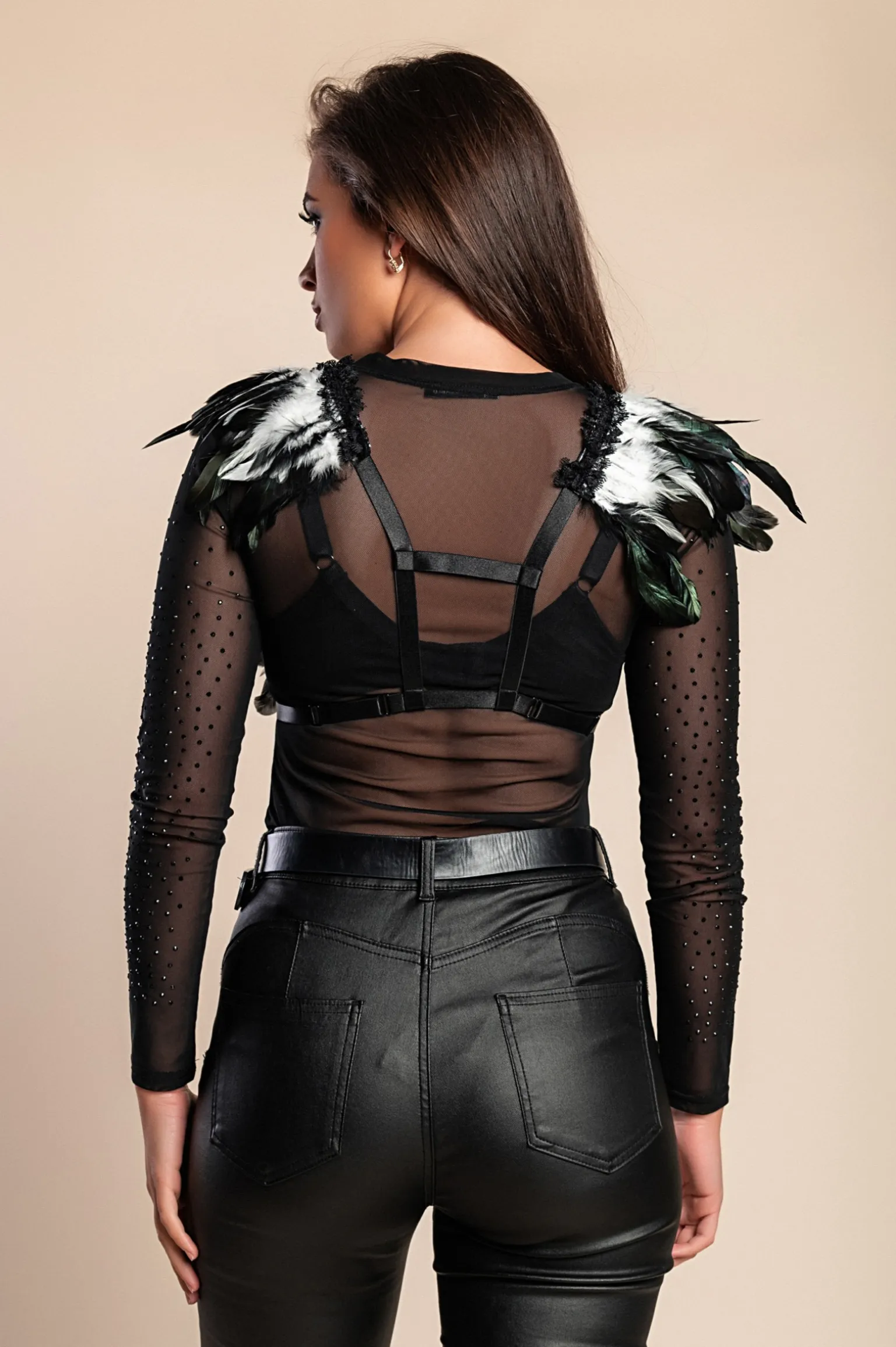Cintura a bretella - Reggiseno con spalline elastiche con piume, ART2288, bianco e nero