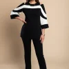 Competo elegante top con maniche a campana e pantaloni, nero