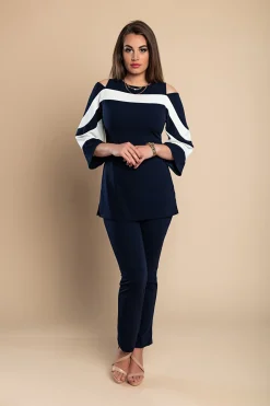 Competo elegante top con maniche a campana e pantaloni, blu scuro