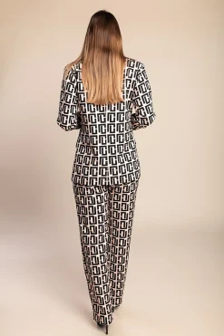 Completo blazer e pantaloni con stampa geometrica, beige/nero