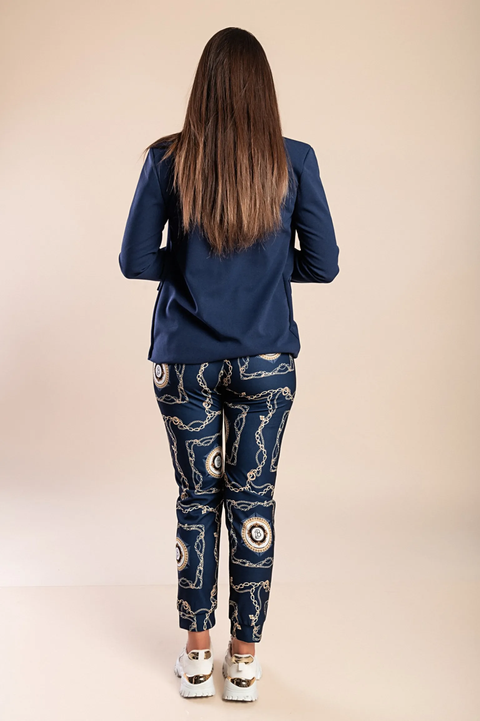 Completo blazer e pantaloni eleganti con stampa Estrena, blu scuro/stampa