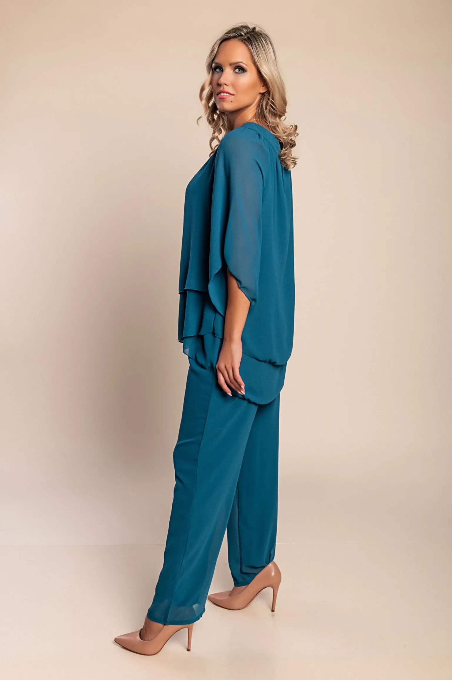 Completo elegante tunica e pantaloni lunghi, petrolio