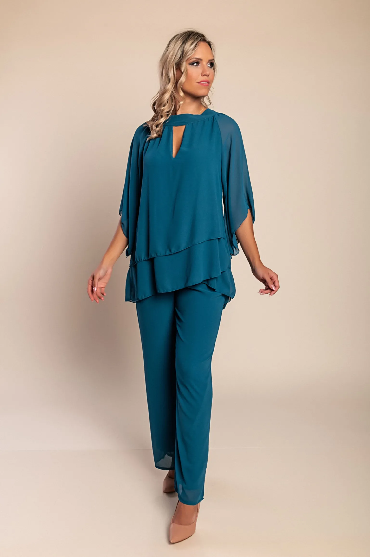 Completo elegante tunica e pantaloni lunghi, petrolio