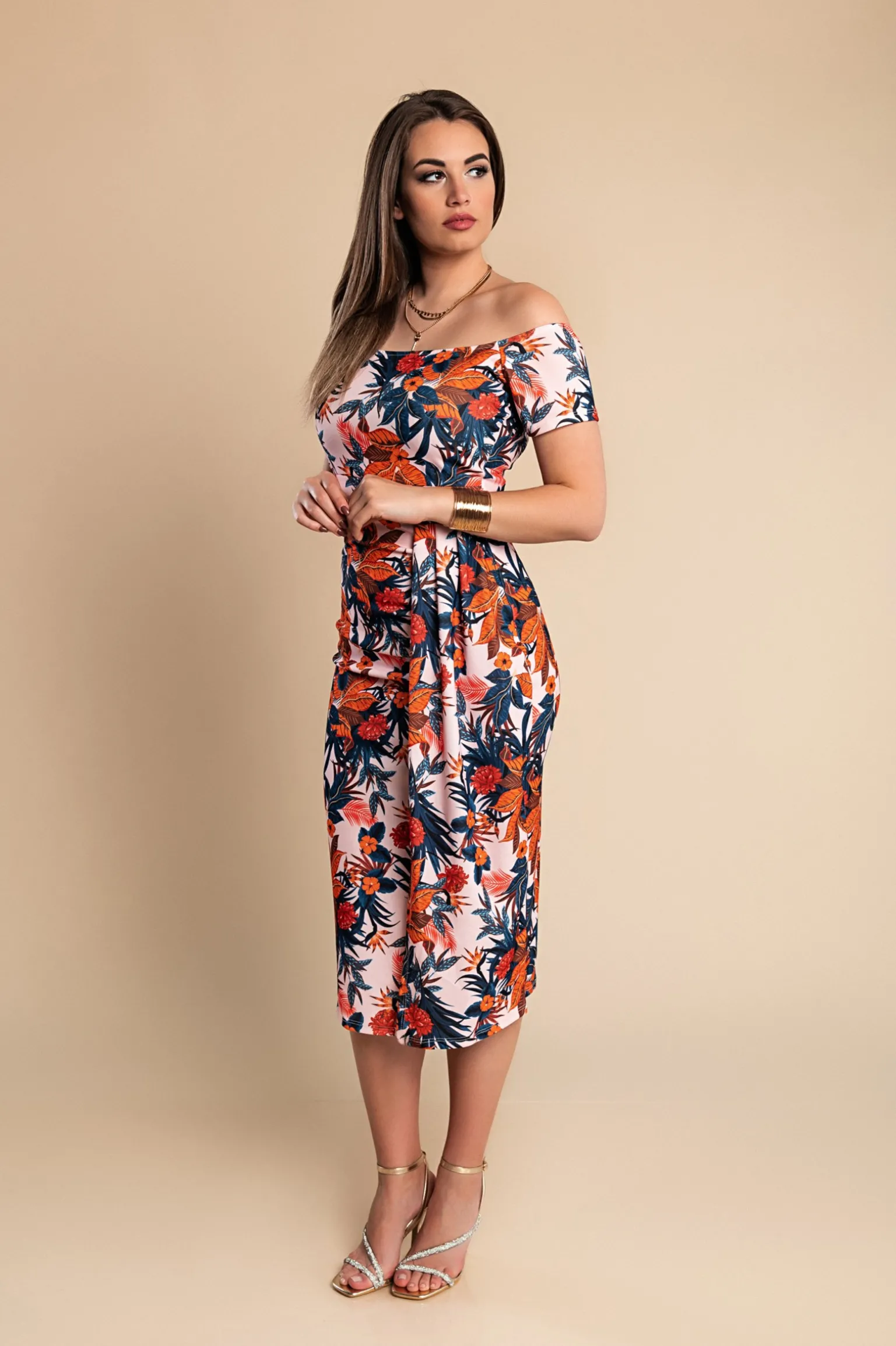 Elegante abito midi con stampa floreale, rosa chiaro