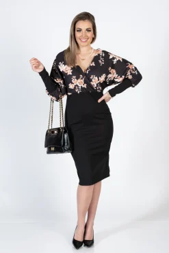 Elegante abito midi con stampa floreale e scollo incrociato Xarema, nero