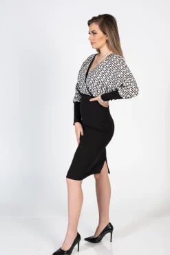 Elegante abito midi con stampa geometrica e scollo incrociato Sonda, nero