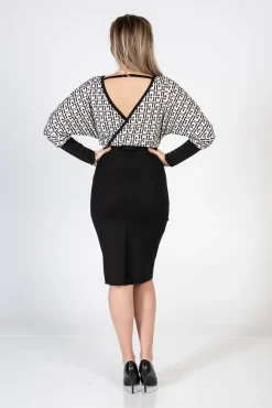 Elegante abito midi con stampa geometrica e scollo incrociato Sonda, nero
