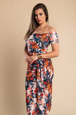 Elegante abito midi con stampa floreale, rosa chiaro