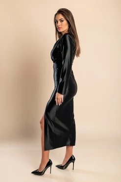 Elegante abito midi in simil raso, nero