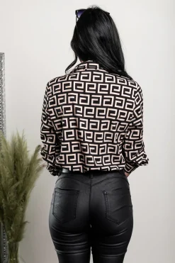 Elegante blusa con stampa geometrica Lavlenta, nera e beige