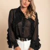 Elegante blusa in tessuto trasparente con balze Vendella, nera