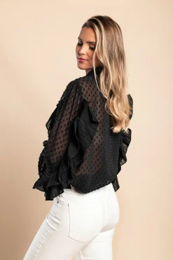 Elegante blusa in tessuto trasparente con balze Vendella, nera
