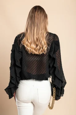 Elegante blusa in tessuto trasparente con balze Vendella, nera