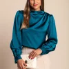 Elegante camicetta con collo alto, petrolio