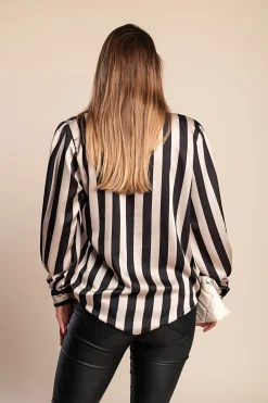 Elegante camicetta con stampa a righe, beige/nero