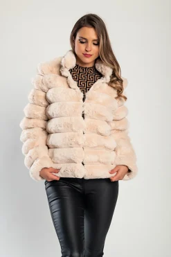 Elegante cappotto corto in ecopelliccia Centania, beige