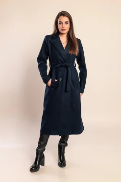 Elegante cappotto lungo con bottoni, blu scuro