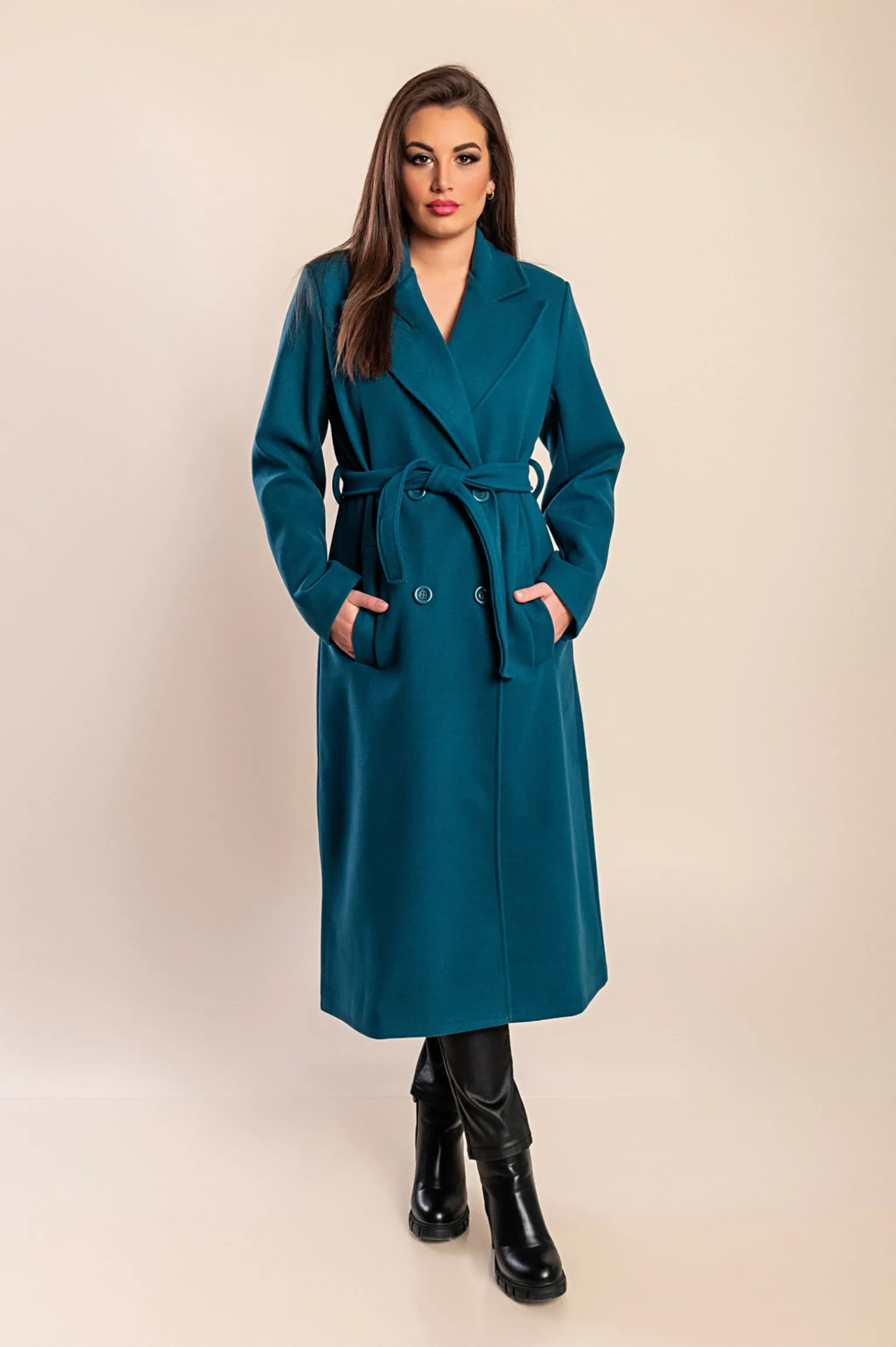 Elegante cappotto lungo con bottoni, petrolio