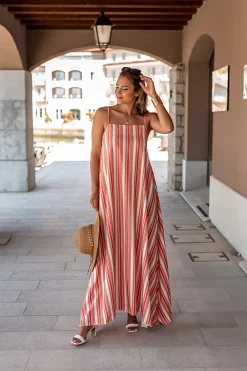Elegante maxi abito con stampa a righe, multicolor