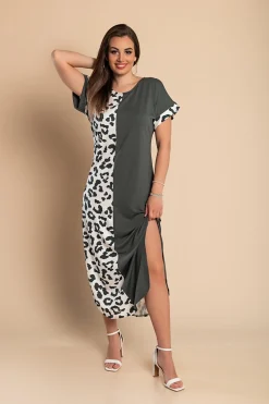 Elegante maxi abito con stampa leopardata, grigio