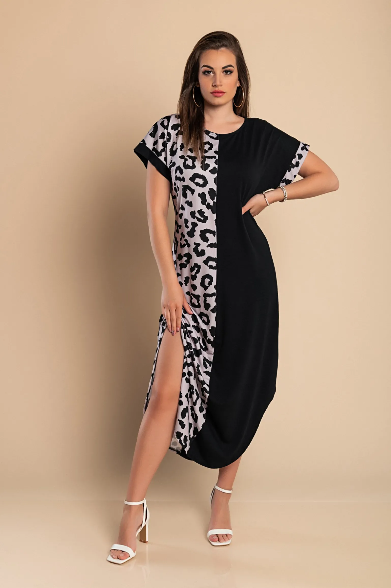 Elegante maxi abito leopardato, nero