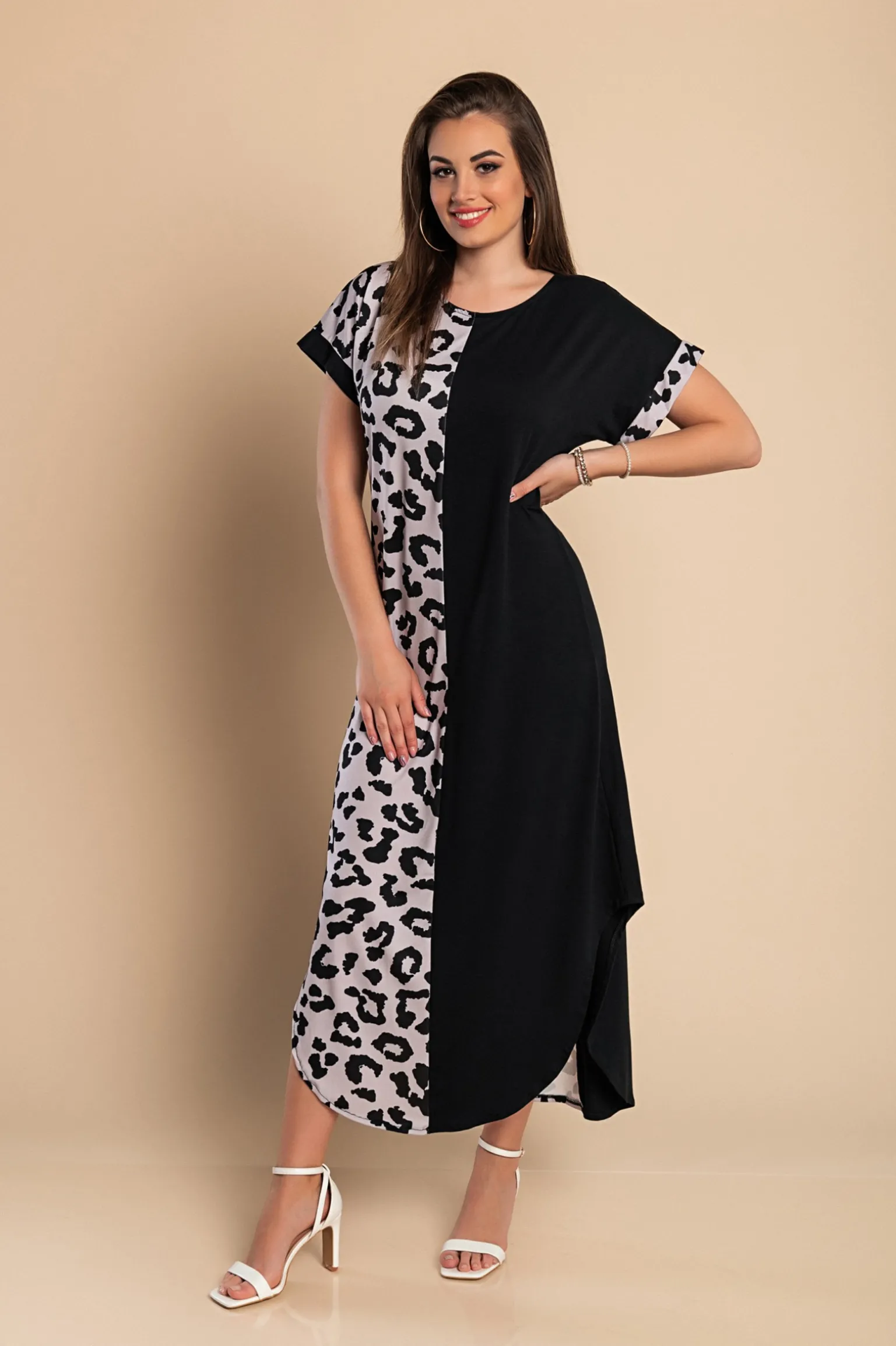 Elegante maxi abito leopardato, nero