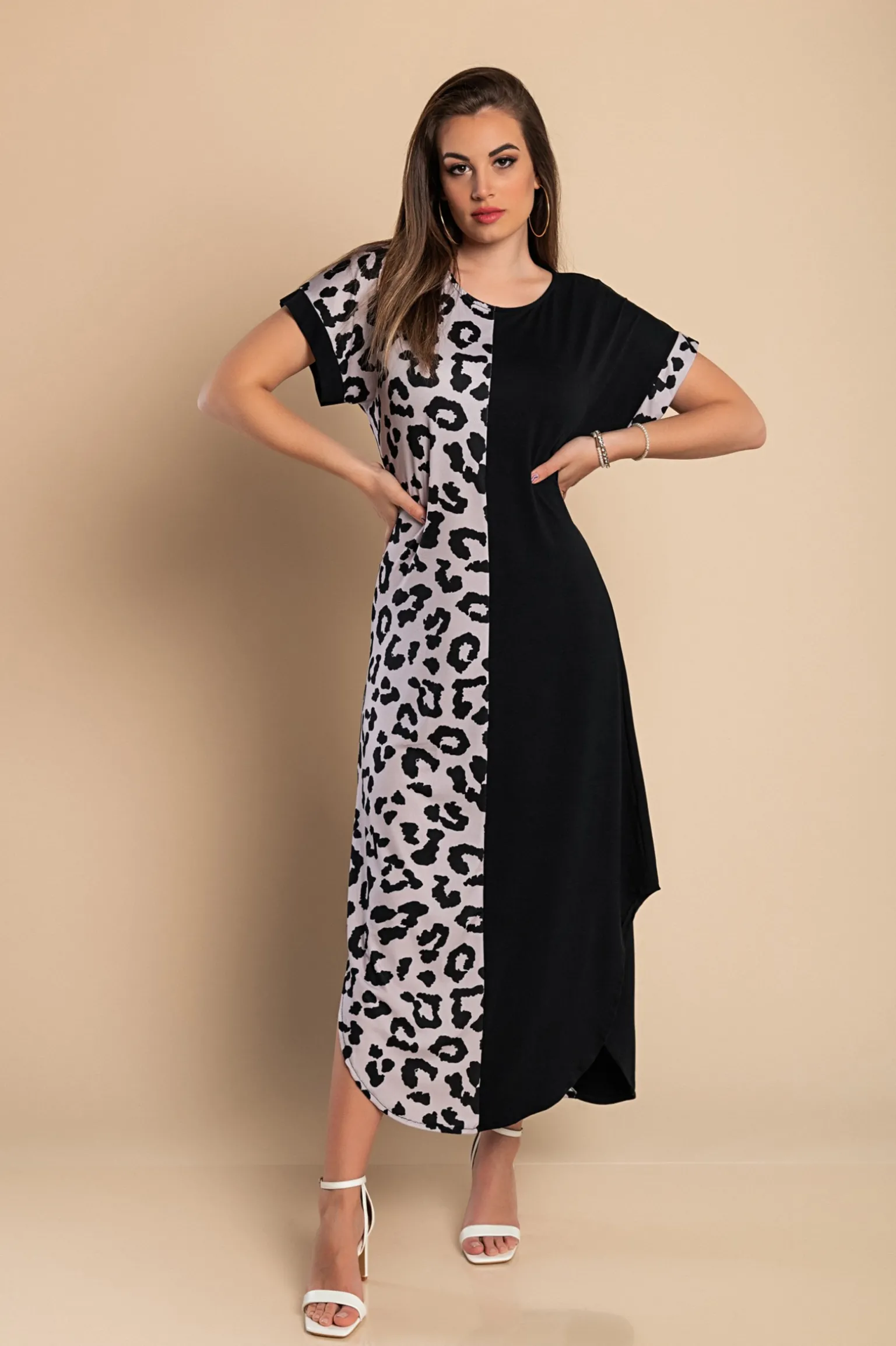 Elegante maxi abito leopardato, nero